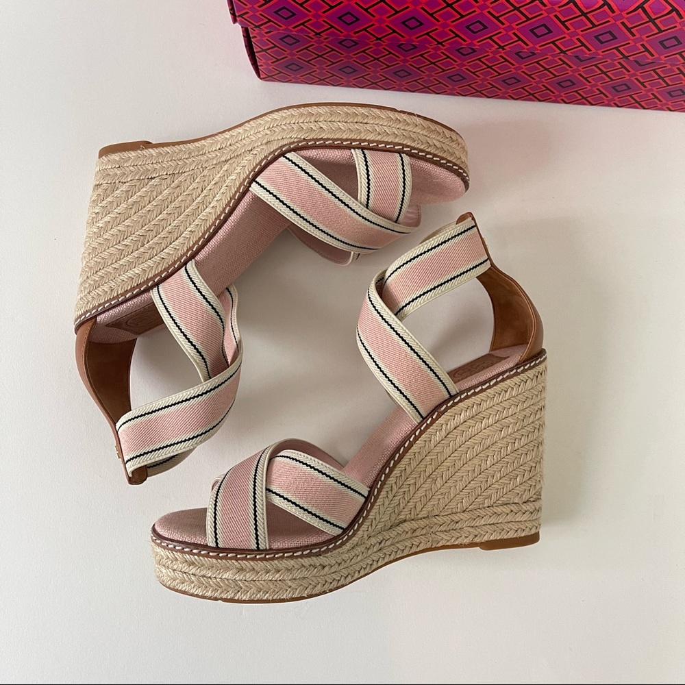 Tory Burch Frieda Espadrille -Stretch Webbing /Calf Leather &Strap Wedge Sandal - Picture 5 of 16